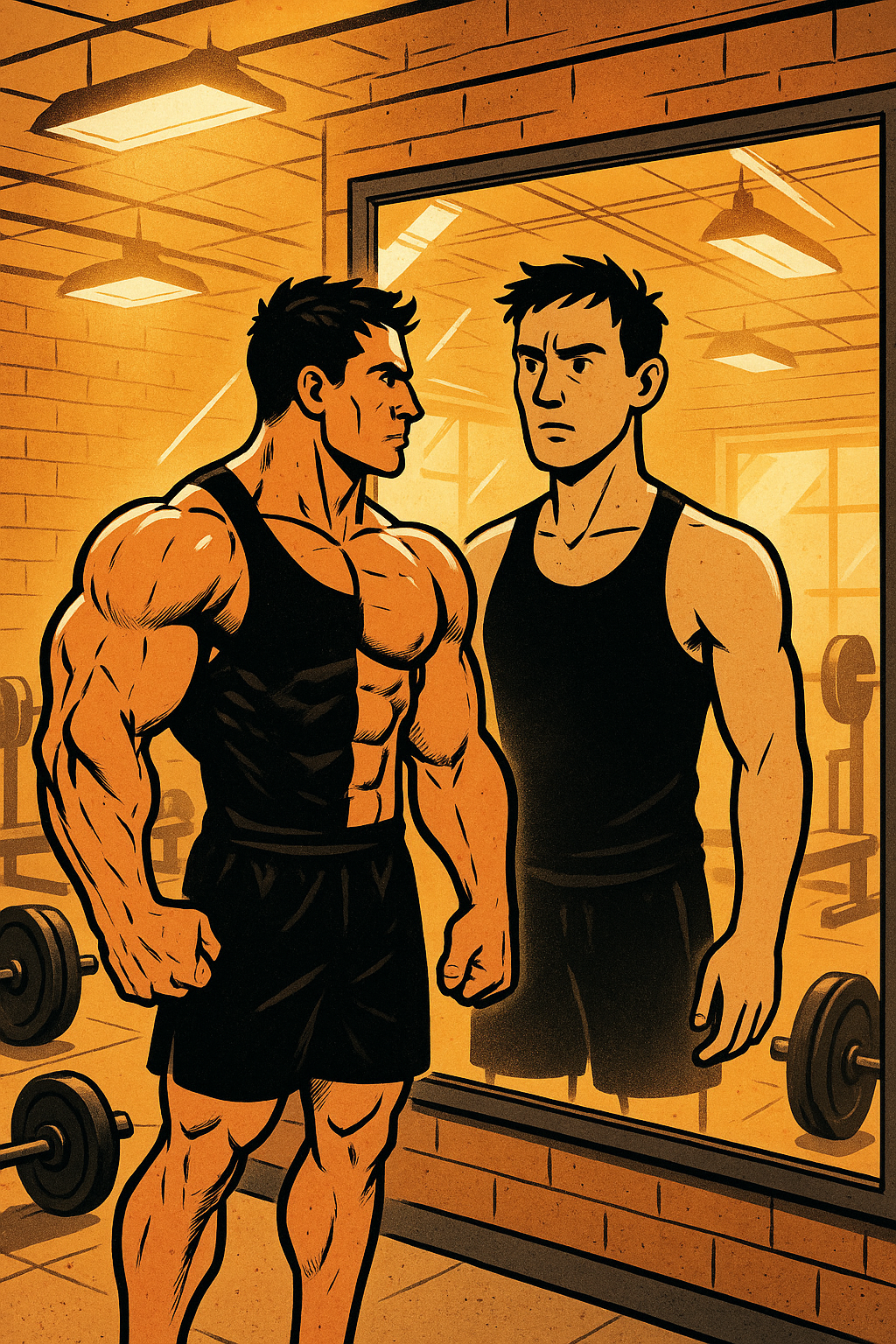 거울 앞에서 결연한 표정으로 서 있는 운동하는 사람