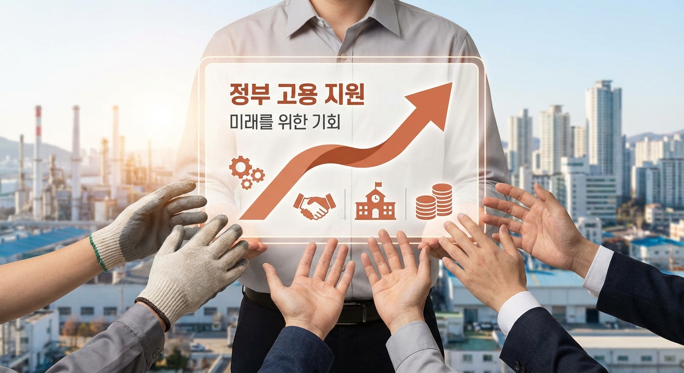 정부의 고용 지원을 받아 활력을 되찾는 광양시의 근로자들과 기업들을 상징하는 이미지. 희망찬 분위기로 경제 회복을 표현.