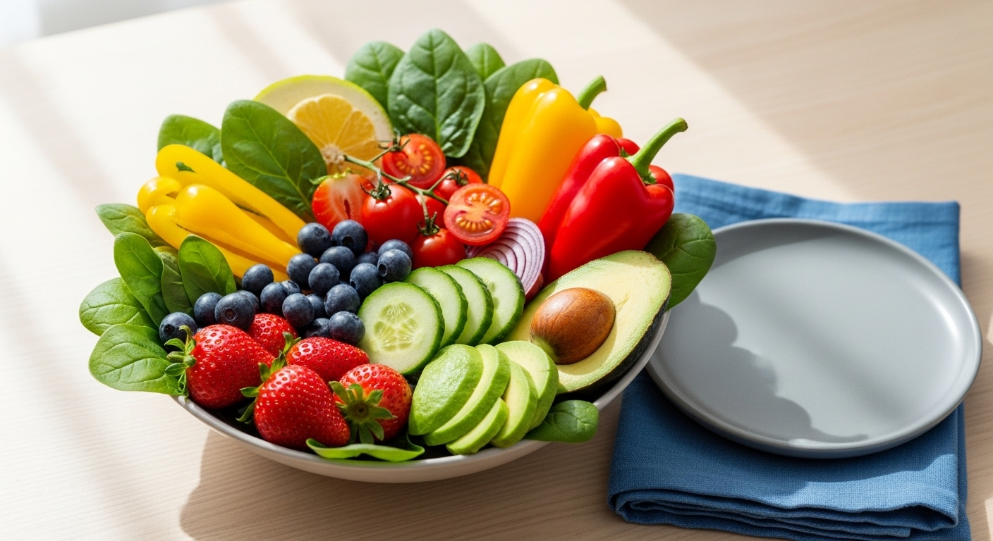 신선하고 다채로운 채소와 과일이 담긴 건강한 보식 식단 이미지.
