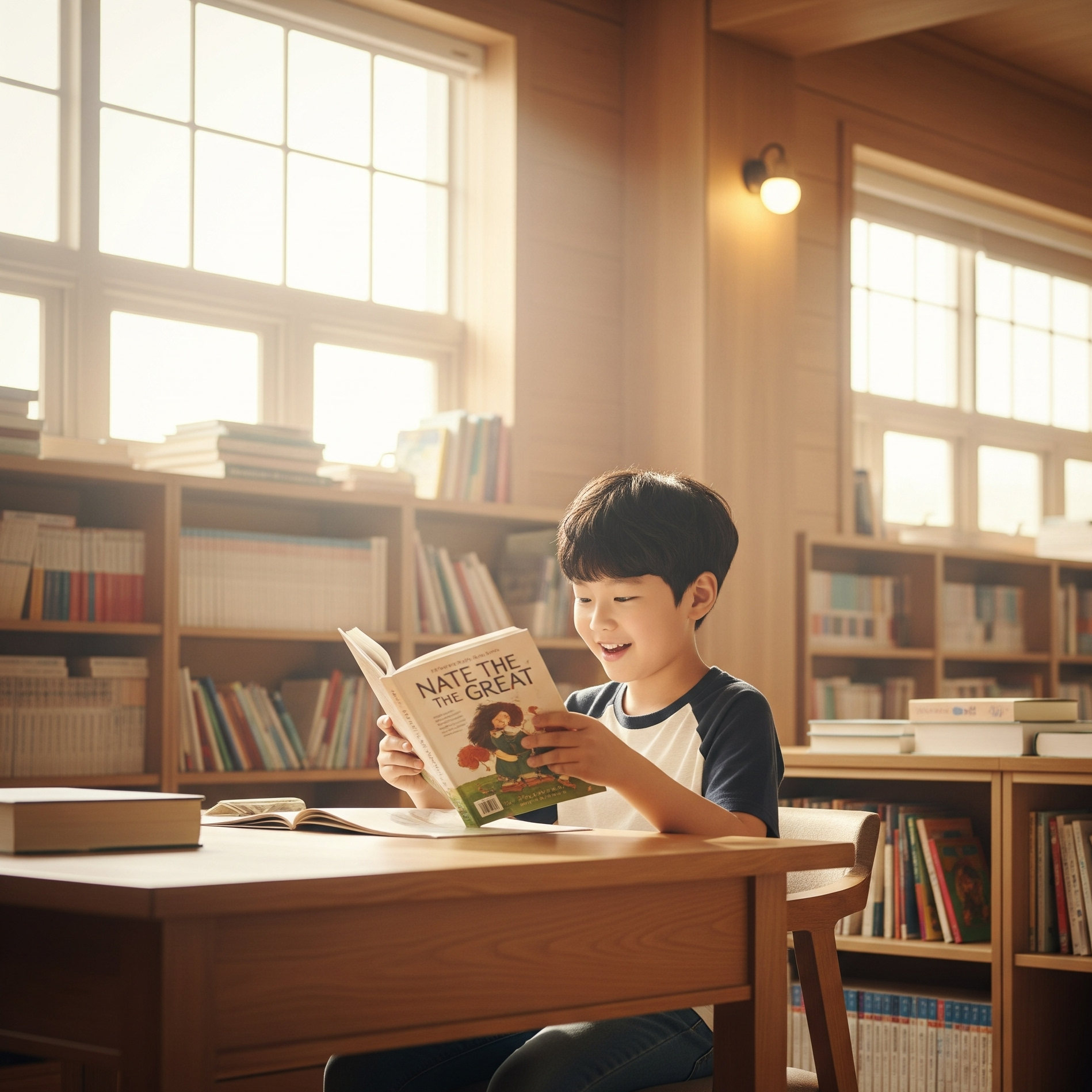 따뜻한 공간에서 영어 동화책을 읽는 아이