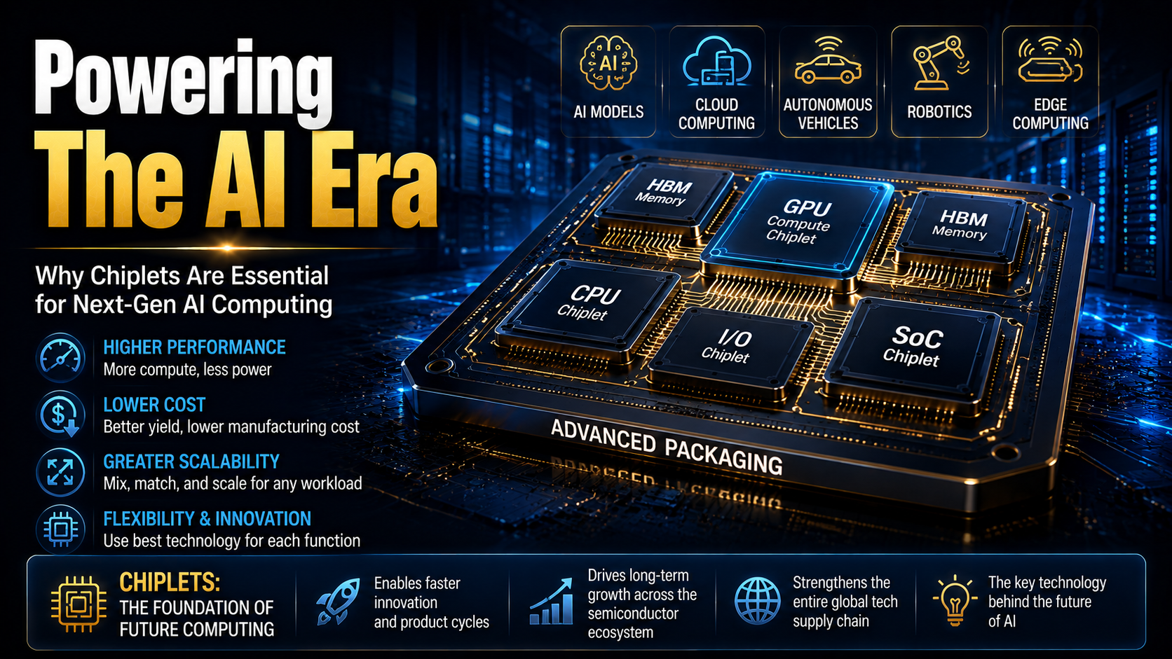 Advanced AI chip using chiplet architecture with GPU, HBM memory, CPU, and I/O chiplets connected through high-speed packaging.