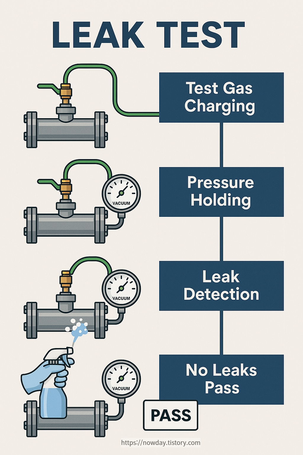 Step-by-step visual diagram of leak testing using gas injection, pressure hold, and bubble or detector-based leak inspection methods