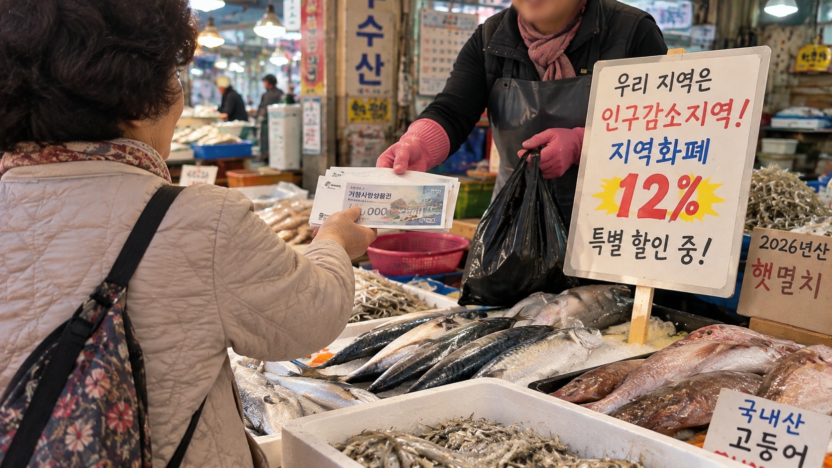 경남 거창 전통시장 어물전에서 거창사랑상품권으로 생선을 구매하는 모습과 지역화폐 12% 할인 안내판