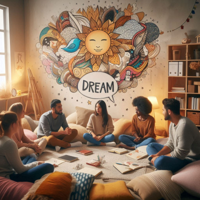 그룹이 편안한 방에서 책을 읽고 서로 대화하는 모습입니다. 벽에는 꿈을 상징하는 그림들이 그려져 있습니다.