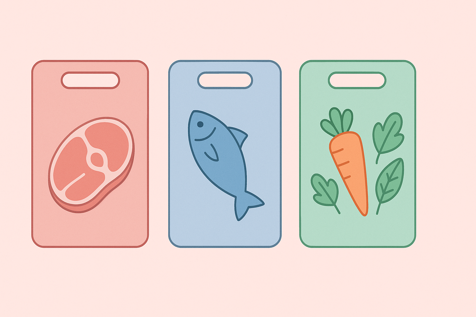 고기, 생선, 채소용 도마를 색상별로 구분한 위생 일러스트