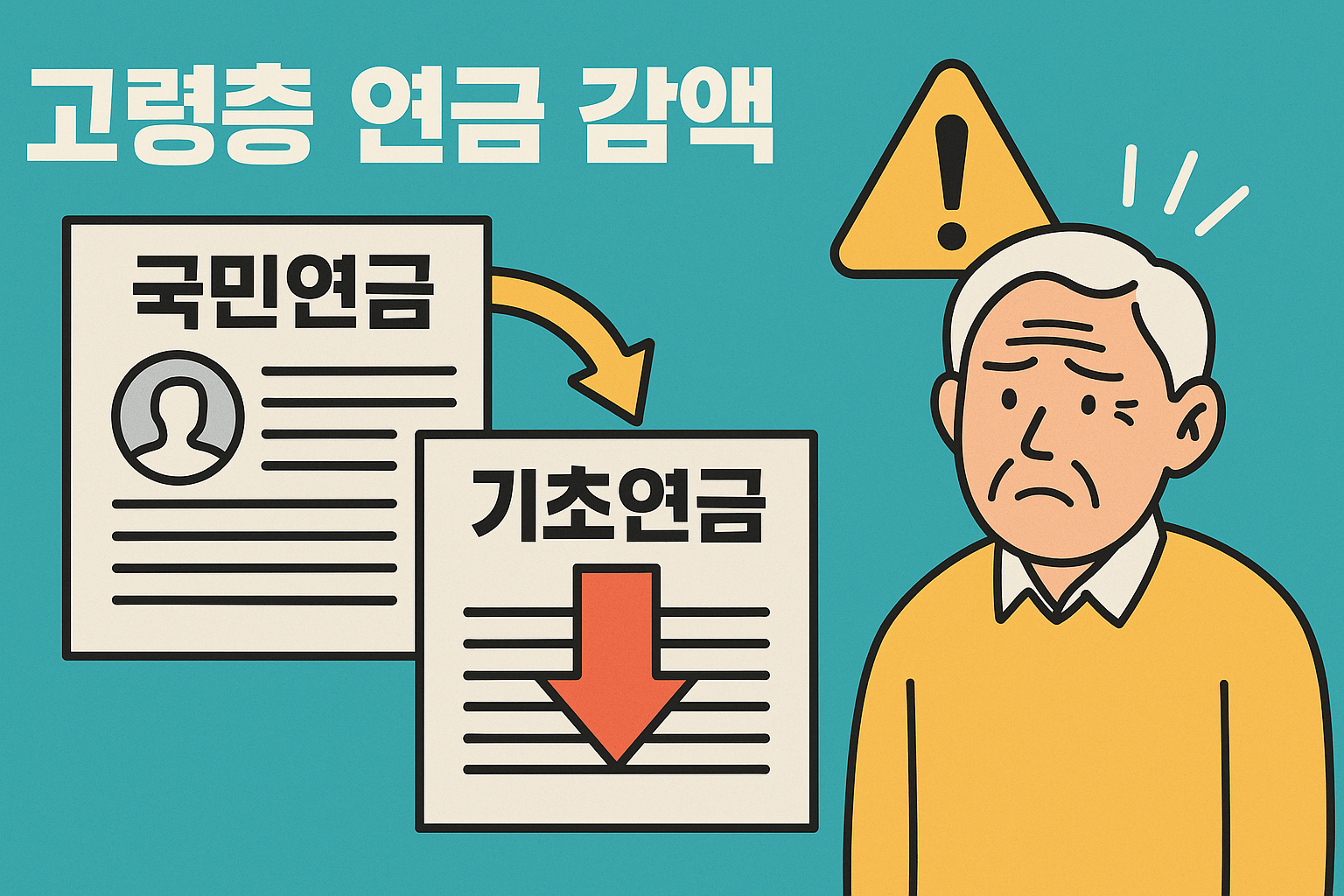 &ldquo;국민연금 받았다고 기초연금 깎였다?&rdquo;라는 제목의 한국어 인포그래픽 썸네일 이미지. 파란색과 회색 배경 위에 노인 실루엣과 하락 그래프, 붉은색 경고 아이콘이 배치되어 있으며, 국민연금과 기초연금 연계감액으로 인한 노후소득 감소 문제를 시각적으로 표현한 디자인.