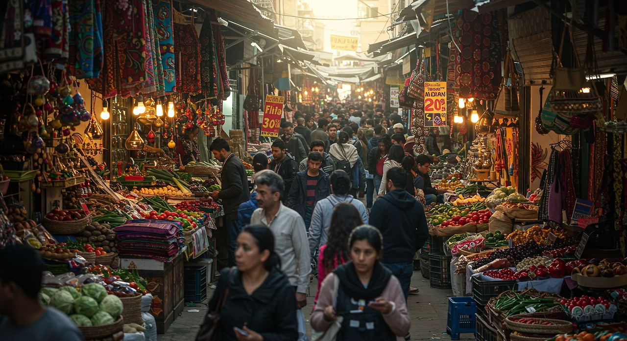 사람들이 소비쿠폰을 가지고 시장에서 물건을 구매하고 있다.