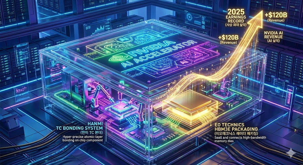 네온 레이저 빛으로 화려하게 빛나는 '엔비디아(NVIDIA)' 자체 AI 로고가 새겨진 투명한 차세대 AI 가속기 칩 내부 화면 속으로, 대한민국 '한미반도체'의 초정밀 TC 본더 장비와 '이오테크닉스'의 황금빛 고성능 레이더 패키징 모듈이 유기적으로 탑재되며 사상 최대치의 우상향 실적 곡선(Earnings Graph)으로 연결되는 하이테크 3D 일러스트