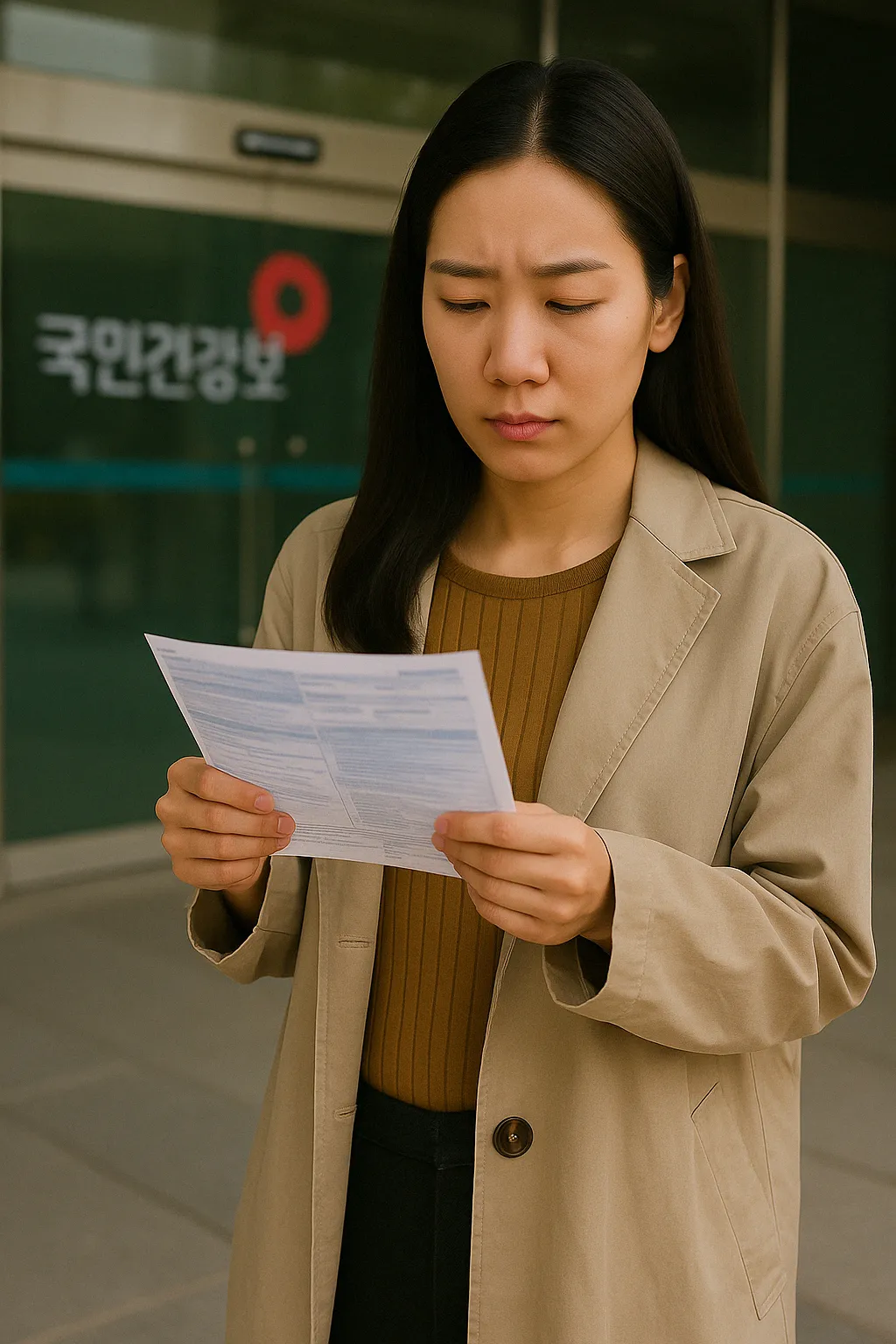 국민건강보험공단 앞에서 고지서를 들고 걱정스러운 표정을 짓는 여성
