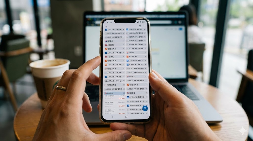 스마트폰으로 수많은 여행 상품을 보며 결정 장애를 느끼는 모습.