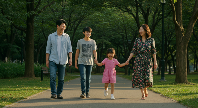 식후 공원에서 걷는 한국인 가족
