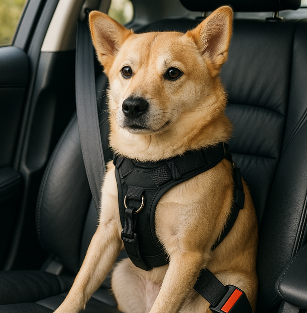 안전벨트 고정형 하네스에 고정되어 앉아있는 애완견