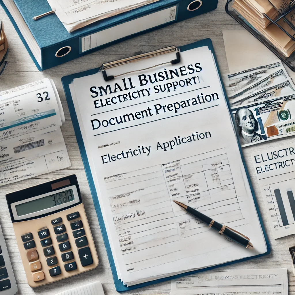 DALL·E 2024-11-05 23.29.23 - A clear and professional image of organized document preparation for small business electricity support application. Includes key documents such as a .webp