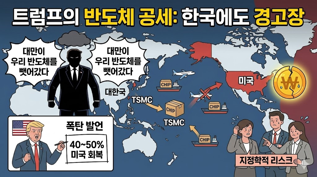 트럼프 반도체 공세 경고 인포그래픽. 미국 지도를 배경으로 트럼프 전 대통령 실루엣과 대만에 대한 speech bubbles, 한국 지도의 삼성전자 및 SK하이닉스 마크, 걱정하는 한국인 캐릭터들과 지정학적 리스크