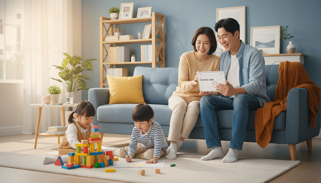 2026년 자녀장려금으로 최대 100만원을 받게 될 젊은 부부가 아이들과 함께 행복하게 재정 계획을 세우는 모습