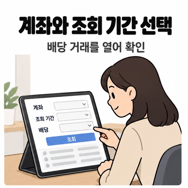 여성이 태블릿에서 계좌와 조회 기간, 배당 조건을 선택해 거래내역을 조회하는 그림