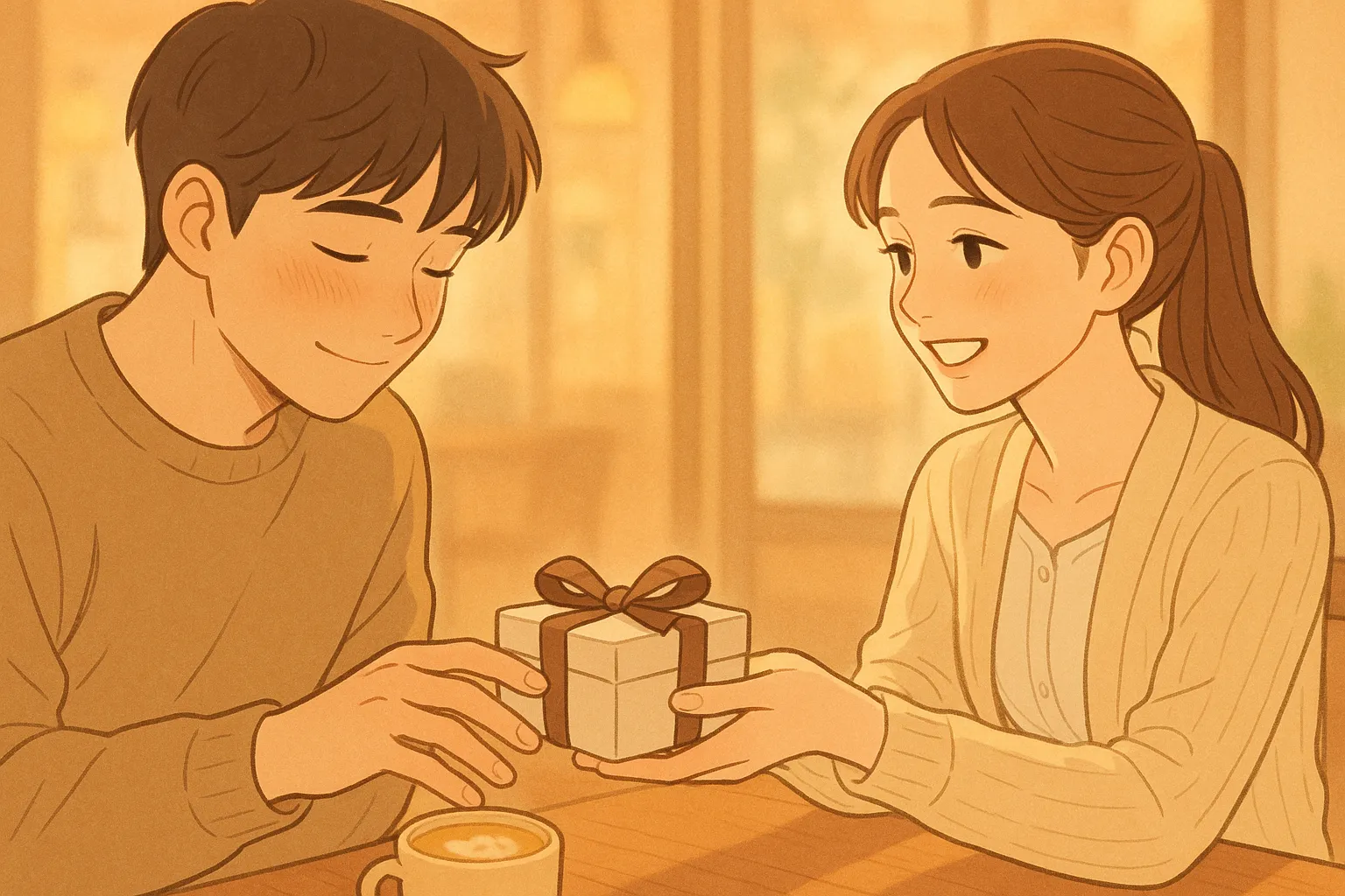 카페에서 남자에게 선물을 건네는 그녀의 모습