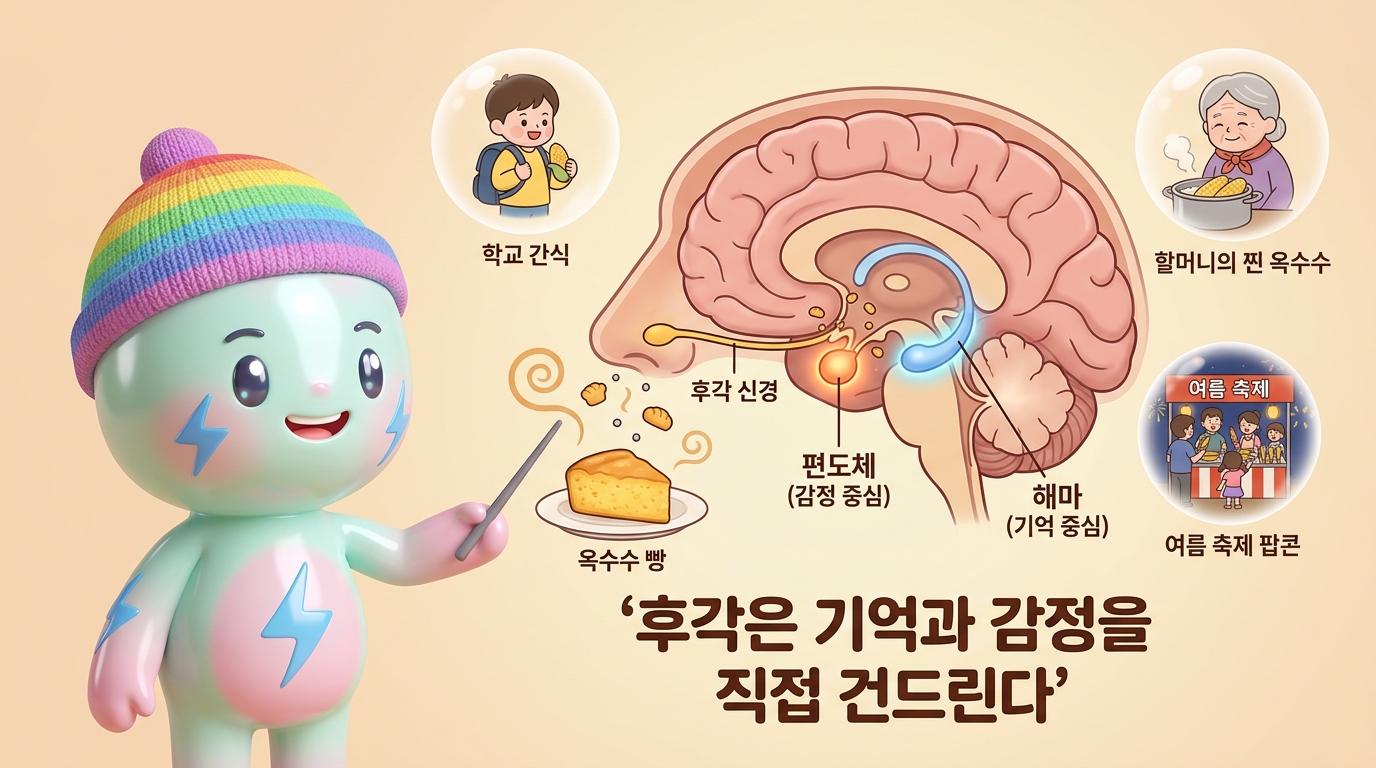 쫀쿠가 인간 뇌의 교육용 단면 다이어그램으로 뇌-향기-기억 연결을 설명하는 장면. 옥수수빵에서 나온 향기 분자가 코로 들어가 편도체(감정 중추, 따뜻한 오렌지색 빛)와 해마(기억 중추, 부드러운 파란색 빛)로 직접 이동하는 후각 경로 일러스트. 주변에 작은 기억 버블들: 어린 시절 학교 간식, 할머니의 찐옥수수, 여름 축제 팝콘. 한글 텍스트: '후각은 기억과 감정을 직접 건드린다'.
