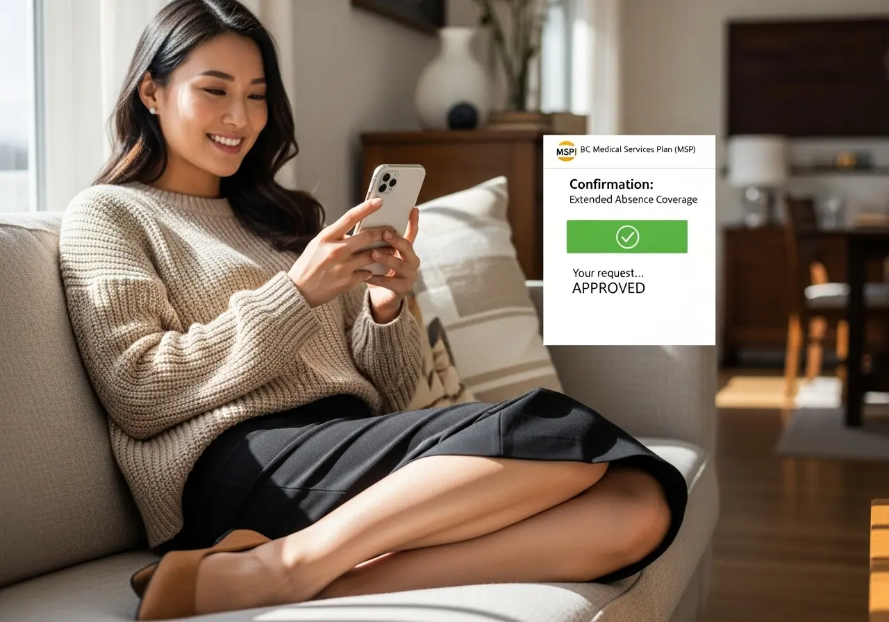 젊은 한국인 여성이 스마트폰으로, "Your request for extended absence has been APPROVED" 라는 공식 이메일을 확인하고 안도의 미소를 짓고 있다