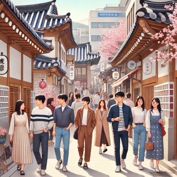 한옥거리를 구경하는 사람들