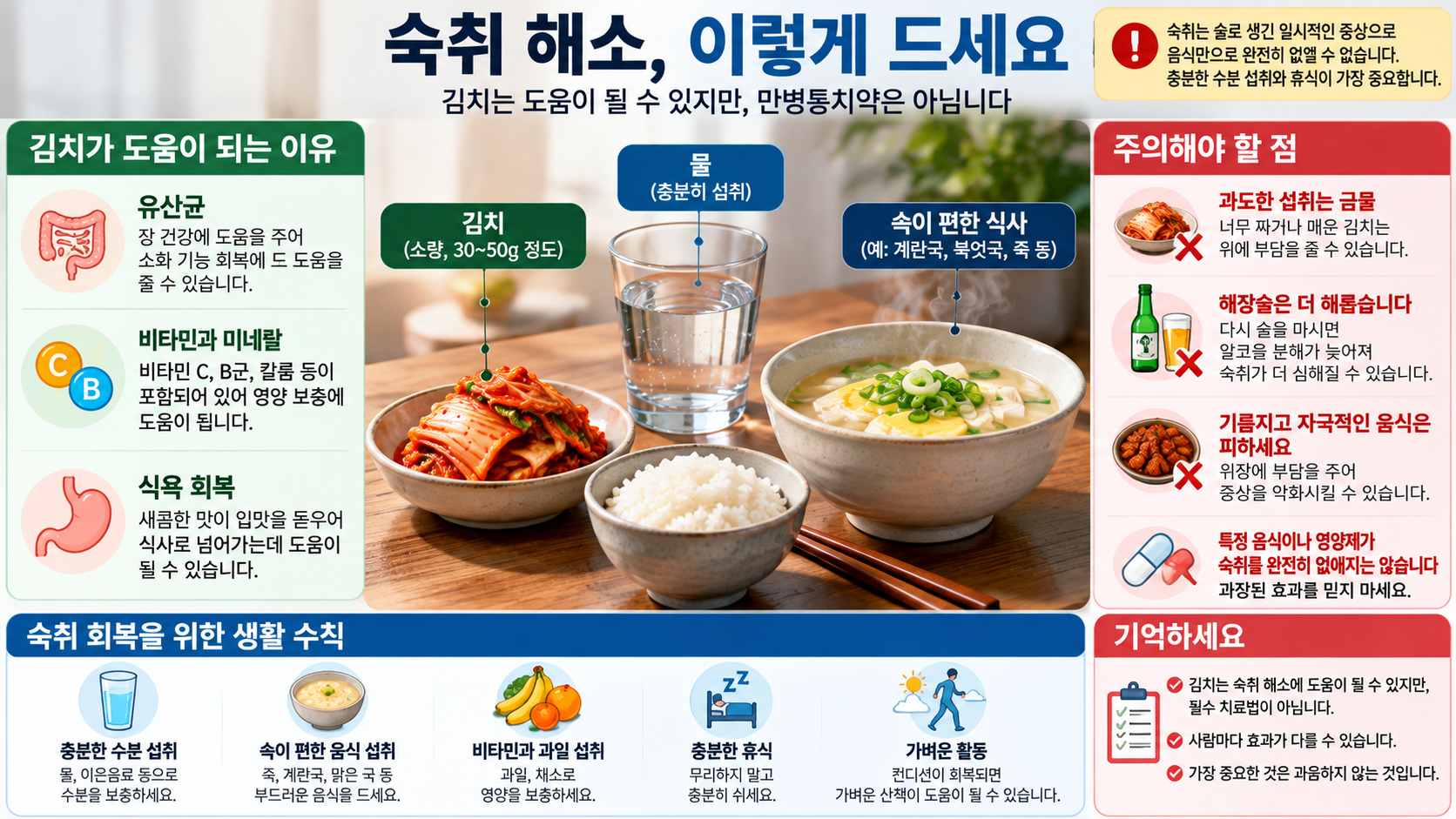 숙취 상태에서 김치를 적당량 섭취할 때 고려할 점을 보여주는 식품 건강 인포그래픽