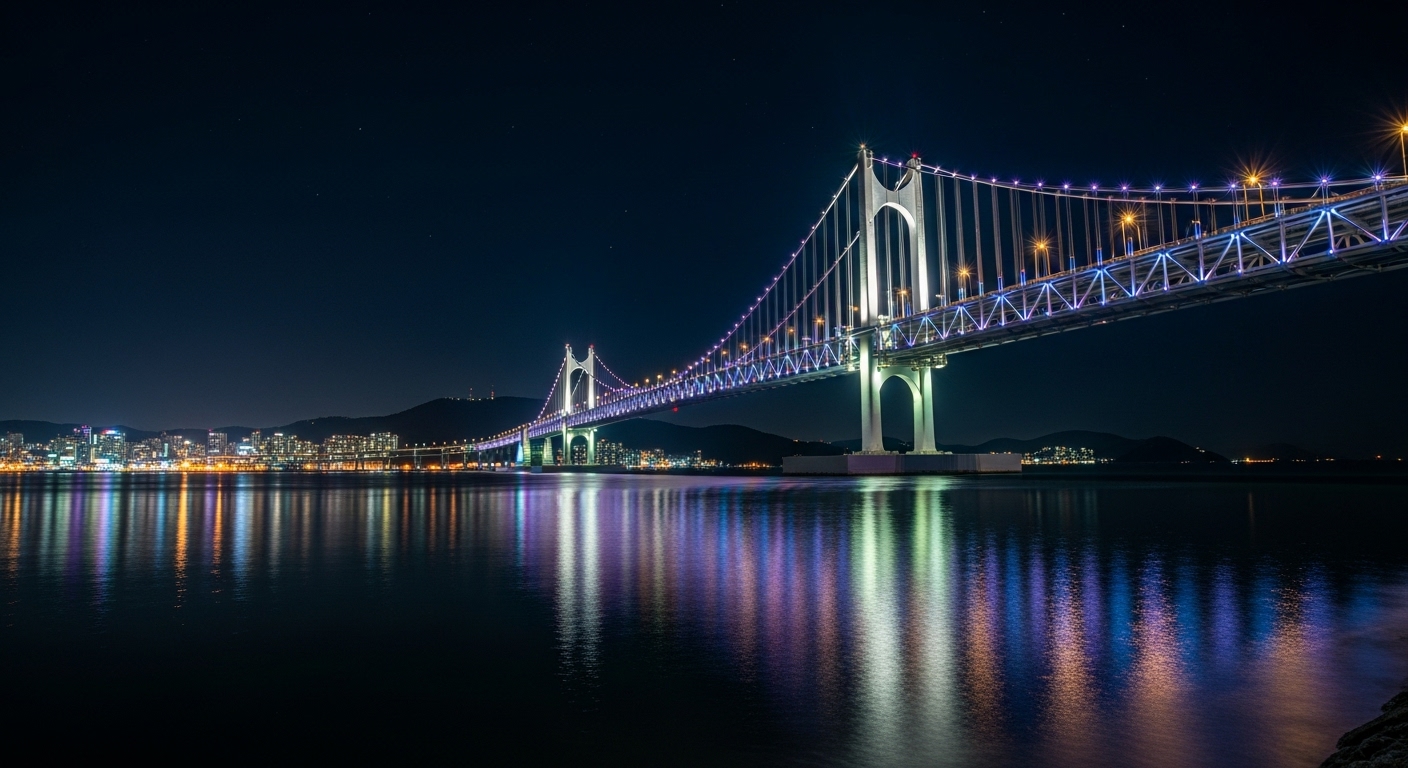 The night sea view of Busan's Gwangan Bridge with colorful lights on.