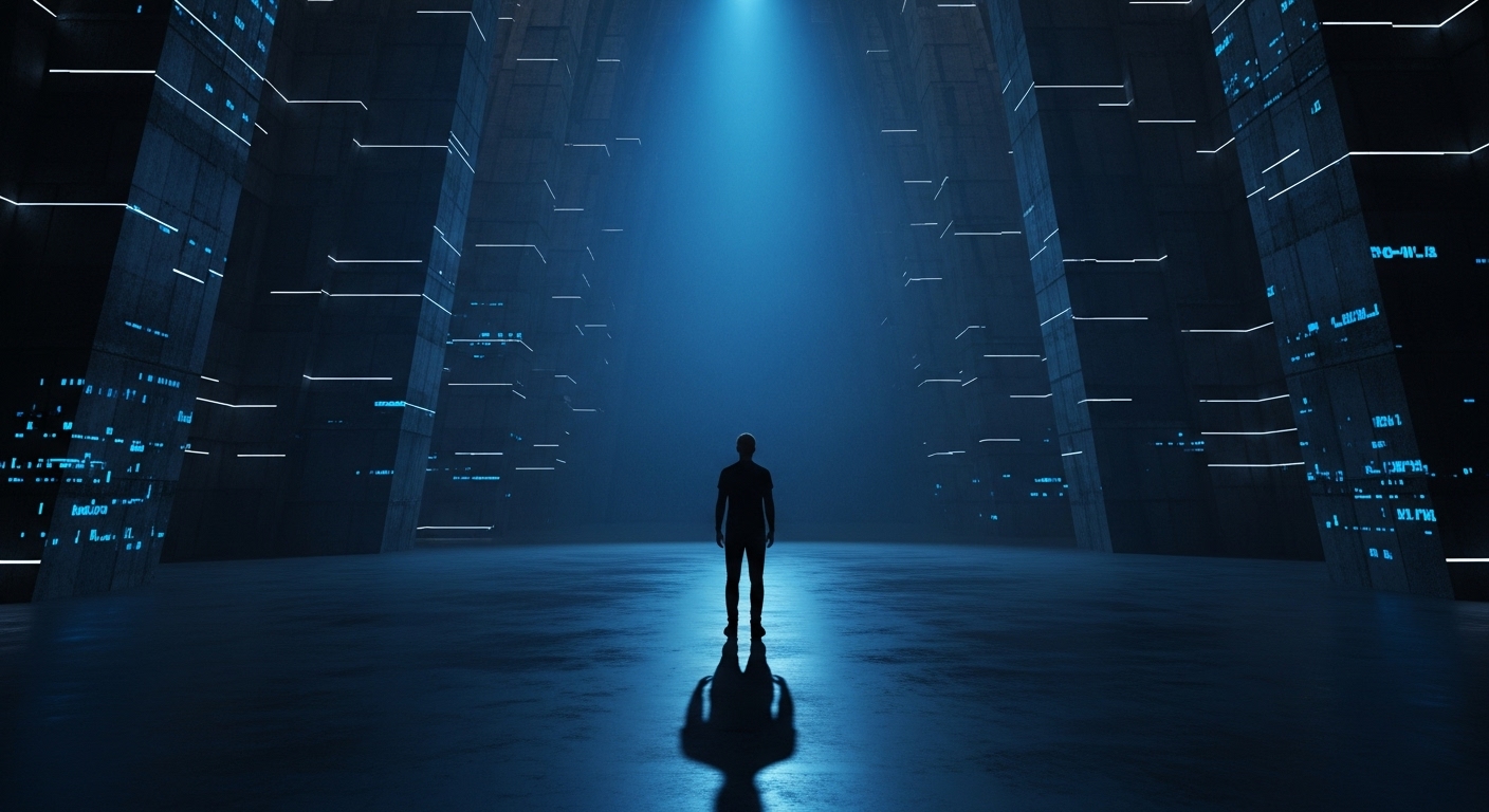 어둡고 텅 빈 방에 홀로 서 있는 뒷모습의 인물. 차가운 푸른빛이 그를 비추며 고립감과 심리적 압박감을 강조합니다.