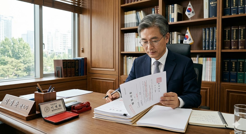 법원 서류와 인감이 놓인 책상 위, 침착하게 서류를 검토하는 중년 남성의 모습, 차분하고 신뢰감 있는 사무실 분위기