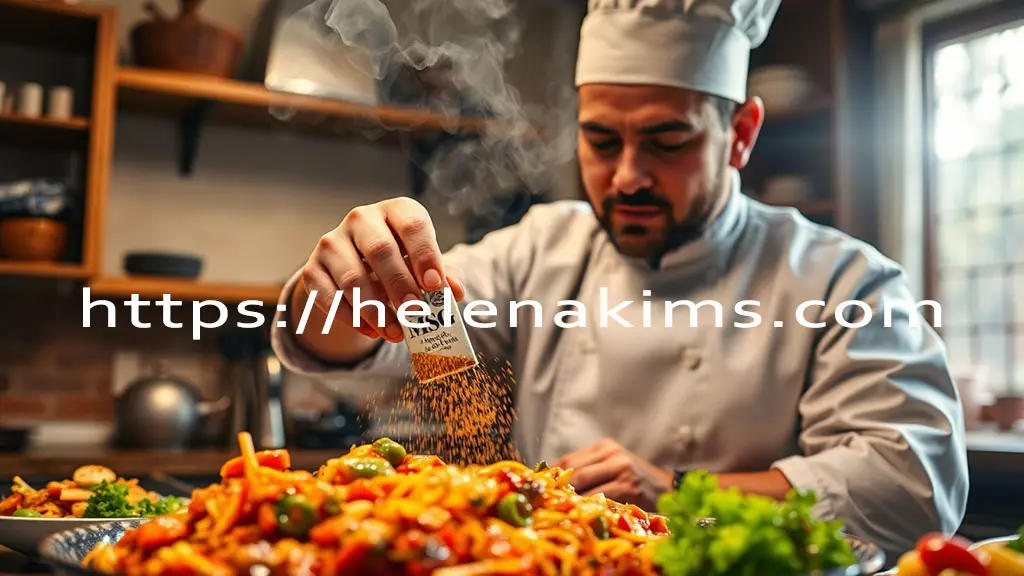 주방에서 쉐프가 MSG를 넣고 있는 모습.