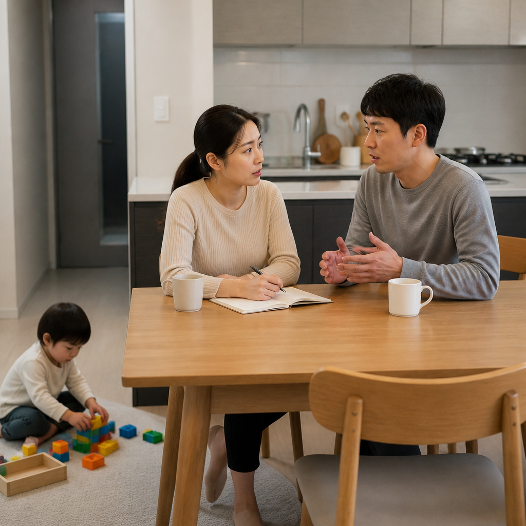 아이를 재운 뒤 식탁에서 양육 기준을 이야기하는 부모