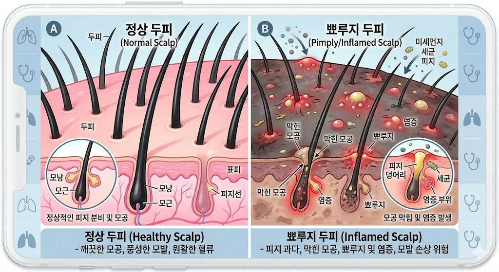 정상 두피 vs 뾰루지 두피: 모공이 막히고 염증이 생긴 두피