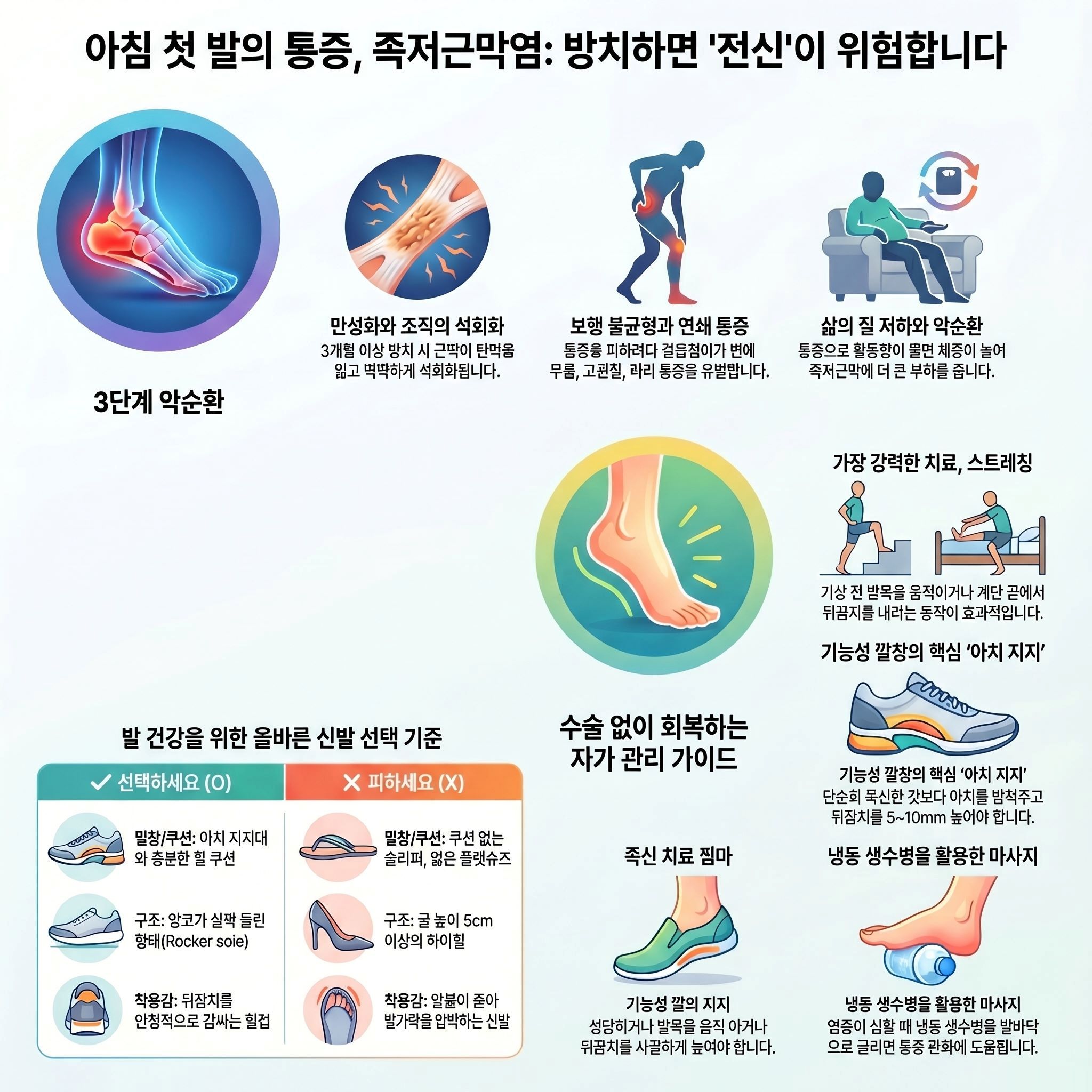 이 이미지는 '아침 첫 발의 통증, 족저근막염: 방치하면 전신이 위험합니다'라는 제목으로, 족저근막염의 위험성과 자가 관리 방법을 설명하는 인포그래픽입니다.