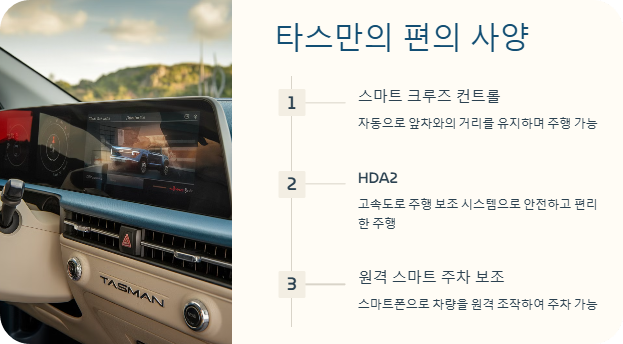 타스만의 편의 사양