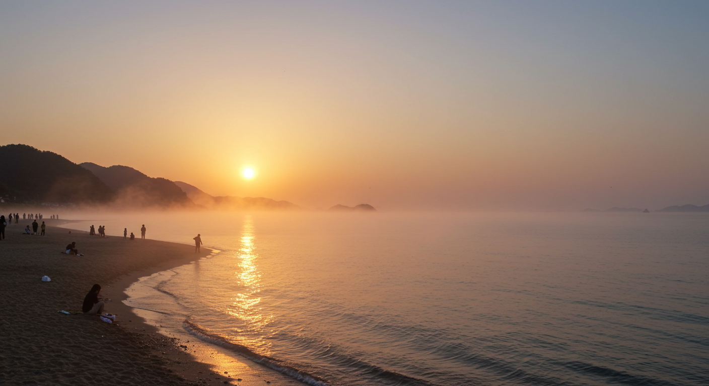 경포대 해변에서 호수 위로 피어오르는 물안개와 함께 뜨는 일출