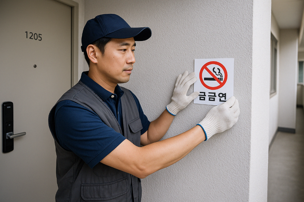 공동주택 복도에서 흡연 경고 스티커를 붙이는 장면