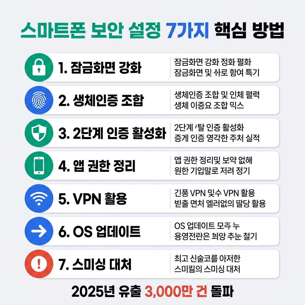 스마트폰 보안 설정 7가지 방법을 한눈에 정리한 인포그래픽