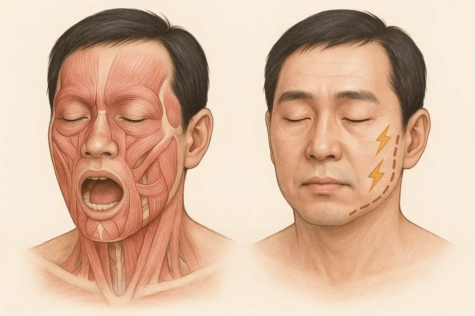 40대 성인의 얼굴 근육과 구강 근육이 약해지고, 신경 전달이 느려지는 과정