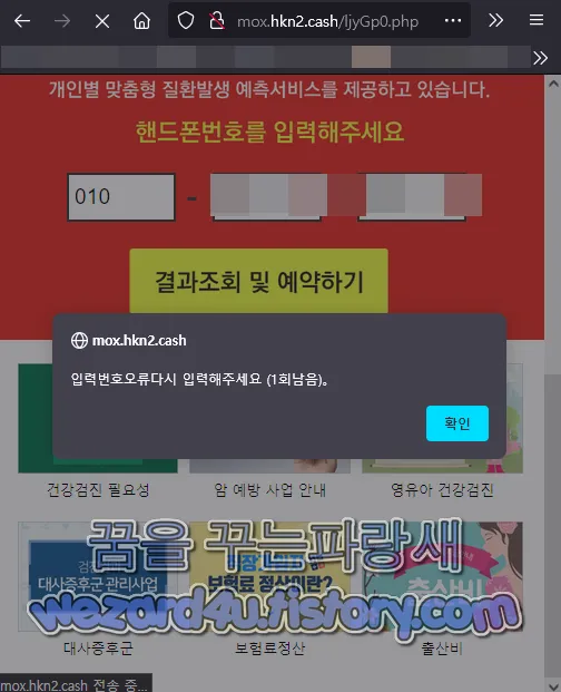 국민 건강보험 공단 피싱 사이트 휴대폰 전화번호 입력 오류