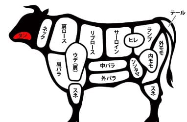소 모양에 각각의 부위가 일본어로 적혀있다.