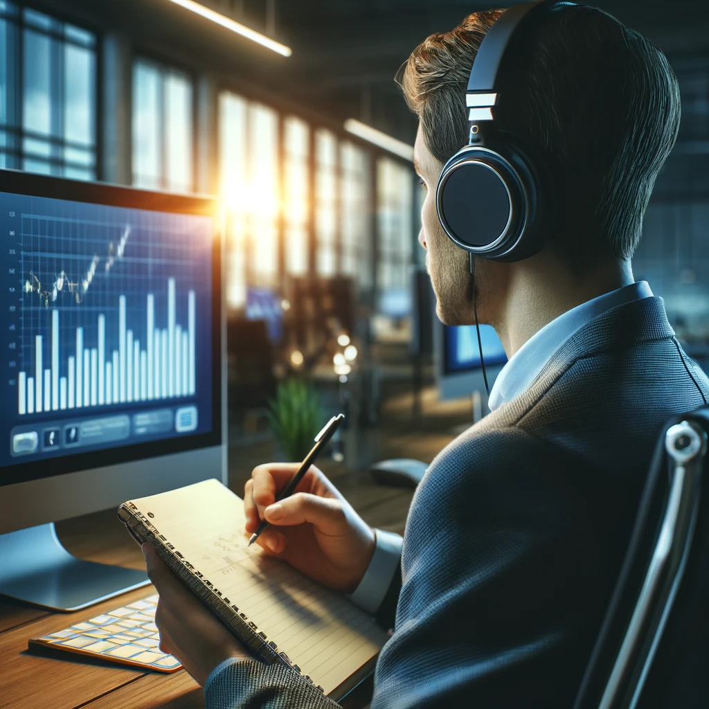 사무실에서 오디오 프레젠테이션을 들으며 메모하는 사람