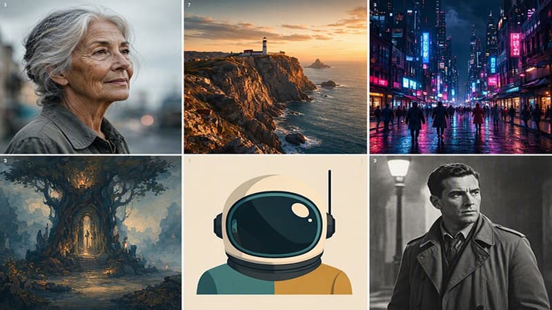 <img src="midjourney-image-styles-composition.jpg" alt="미드저니의 다양한 이미지 스타일과 화면 구도를 보여주는 AI 이미지">