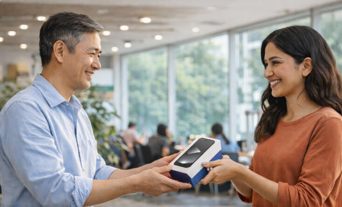 밝은 분위기의 실내에서 남성과 여성이 전자기기 상자를 주고받으며 웃고 있는 모습