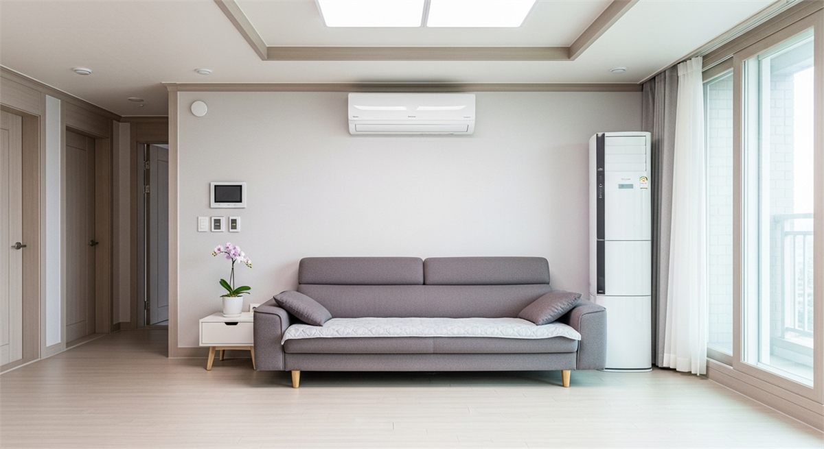 한국 아파트 거실에 설치된 벽걸이 에어컨 전경