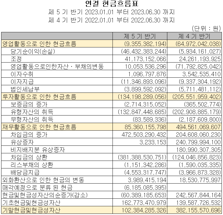 솔루스첨단소재 - 현금흐름표