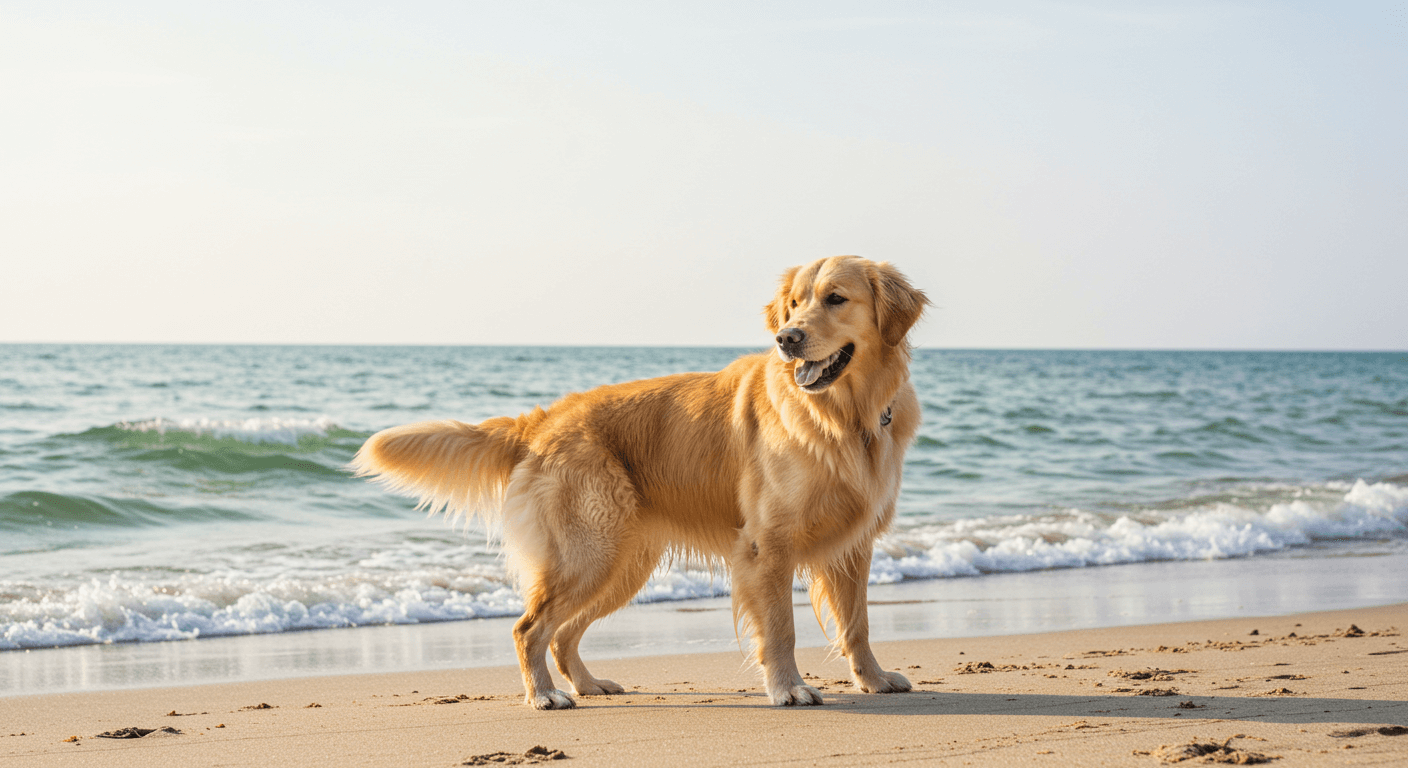 여름 바닷가에서 놀고 있는 골든 리트리버