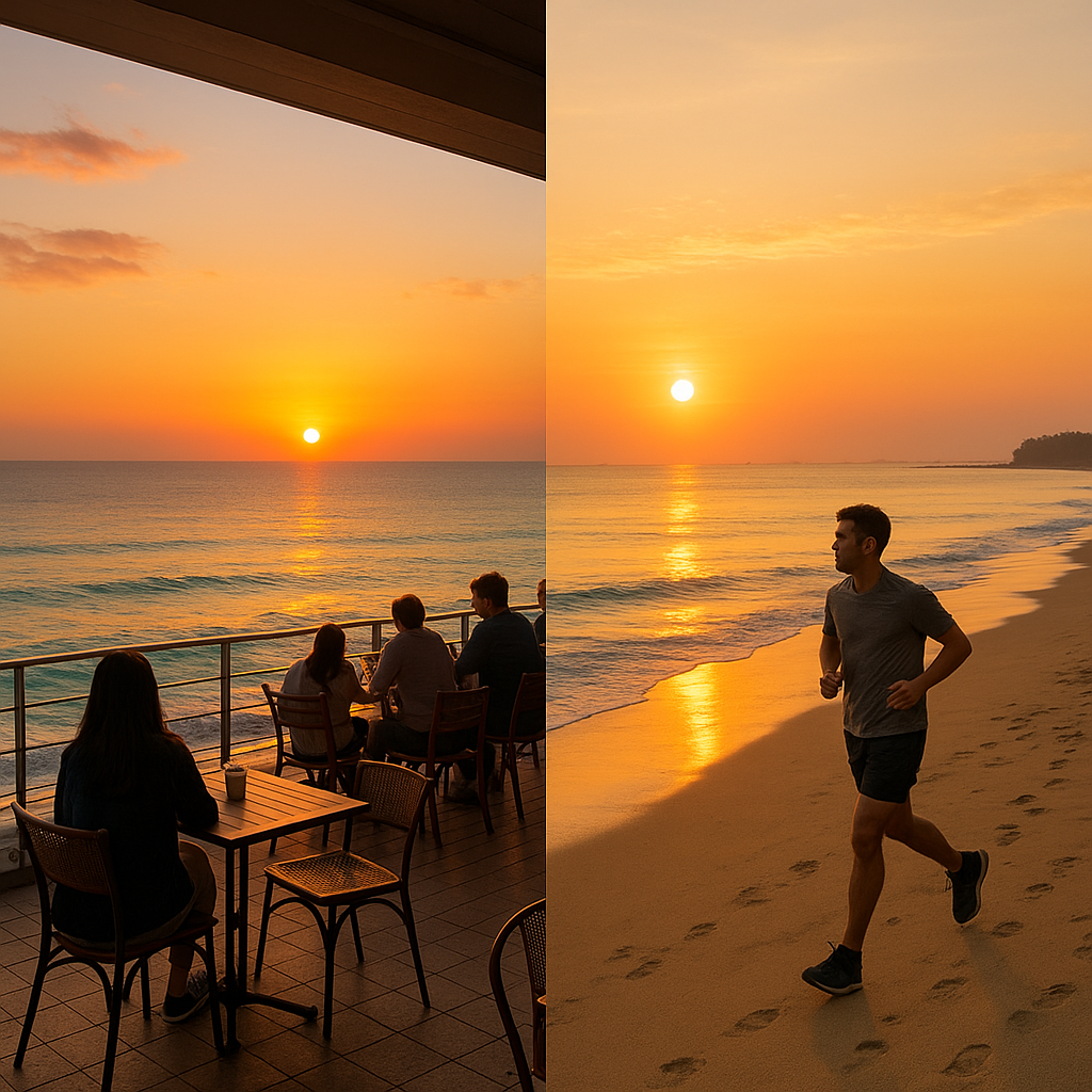 제주 함덕해수욕장 카페 테라스에서 붉은 노을을 감상하는 사람들과 주문진 해변을 따라 일출을 맞으며 조깅하는 모습을 나란히 보여주는 풍경