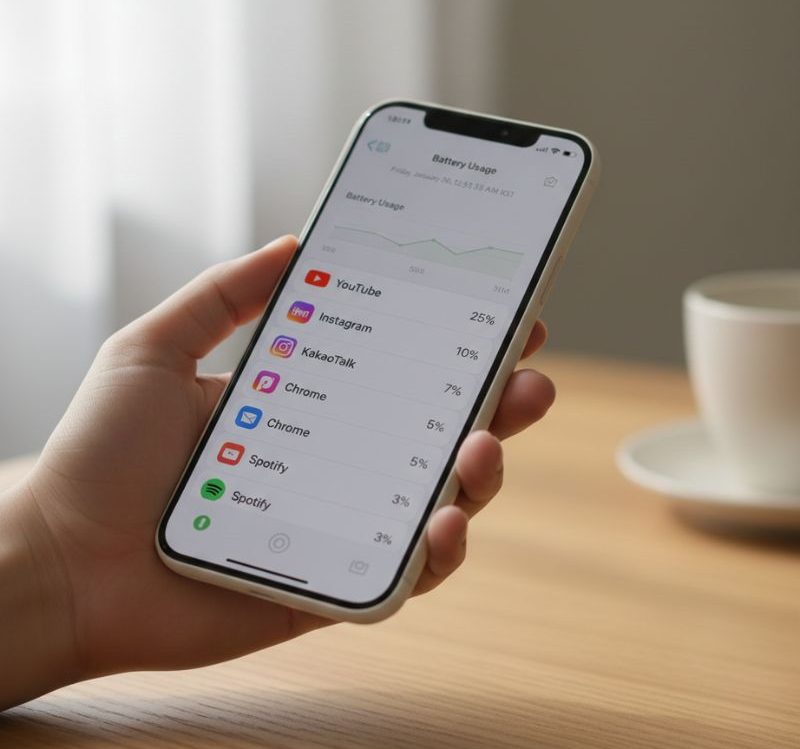 alt=" 스마트폰 배터리 사용량을 앱별로 확인하는 설정 화면"