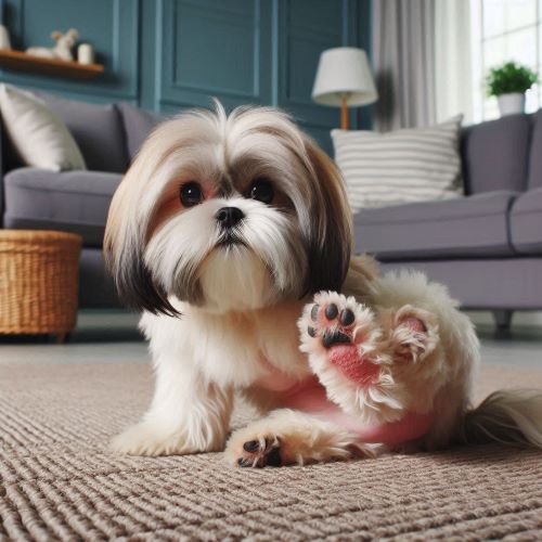 거실에서 작은 시추 반려견이 알러지 피부염으로 다리를 긁고 있다.