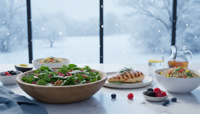 2026년 겨울 테마의 건강한 다이어트 식단 재료와 신선한 채소들이 놓인 밝은 주방 이미지