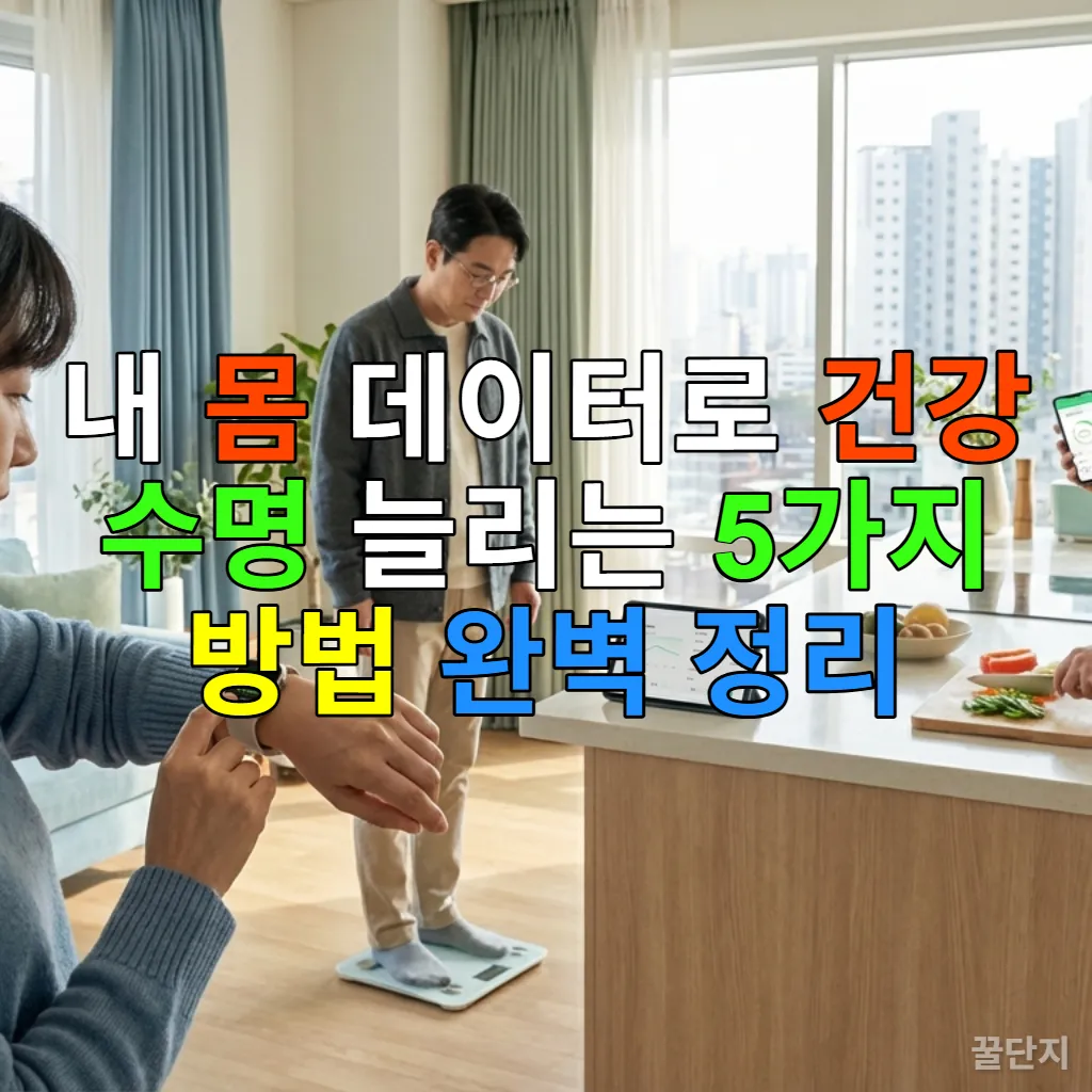 스마트워치와 스마트폰 앱으로 건강 데이터를 확인하며 건강한 생활을 하는 한국인들의 모습
